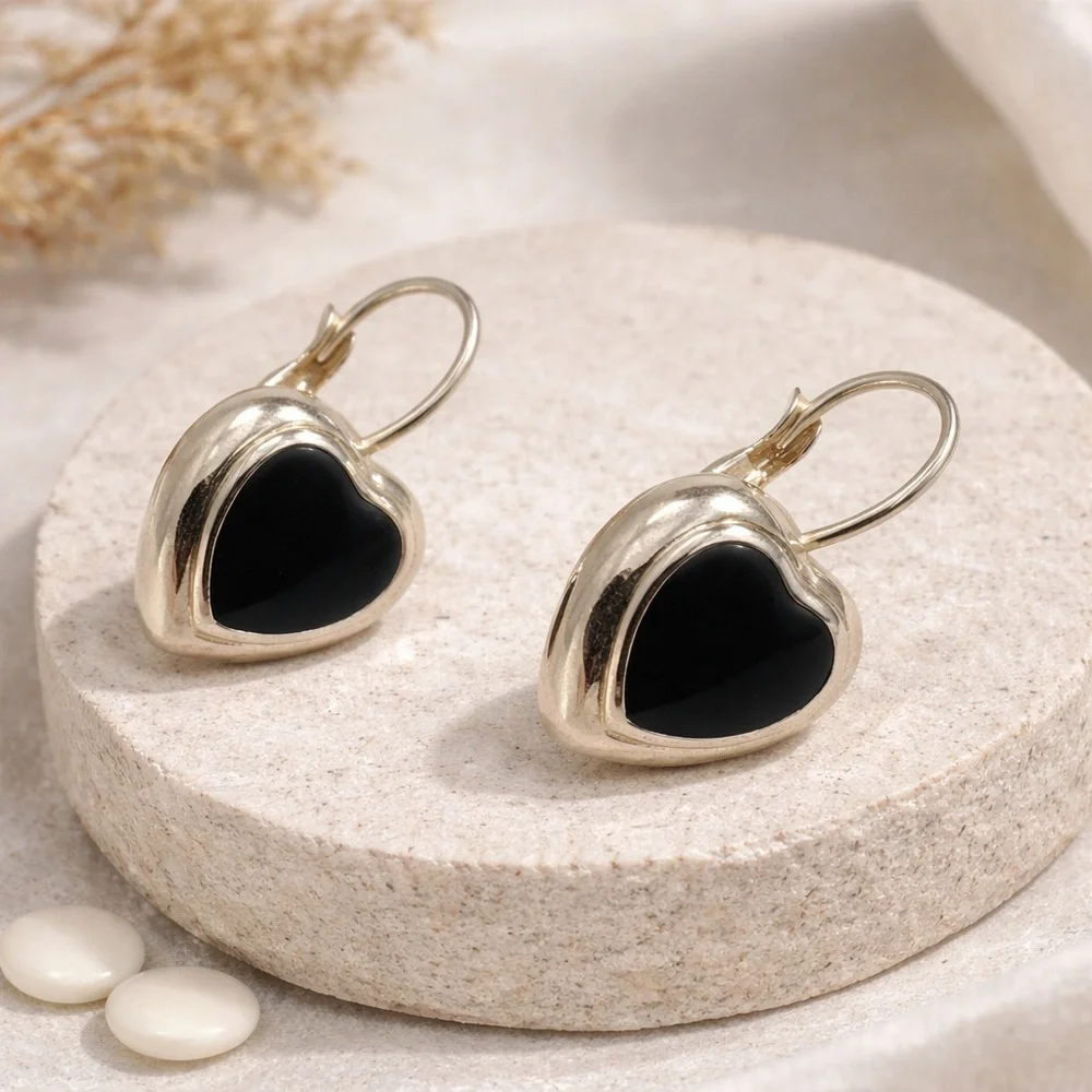 Silver Tone Black Heart Drop Earrings | Artisan Onyx Look |Minimal Jewelry